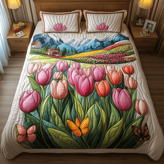 Pastel Tulip Dreams 3-Piece Quilted Bedding Set NCU0TH2584