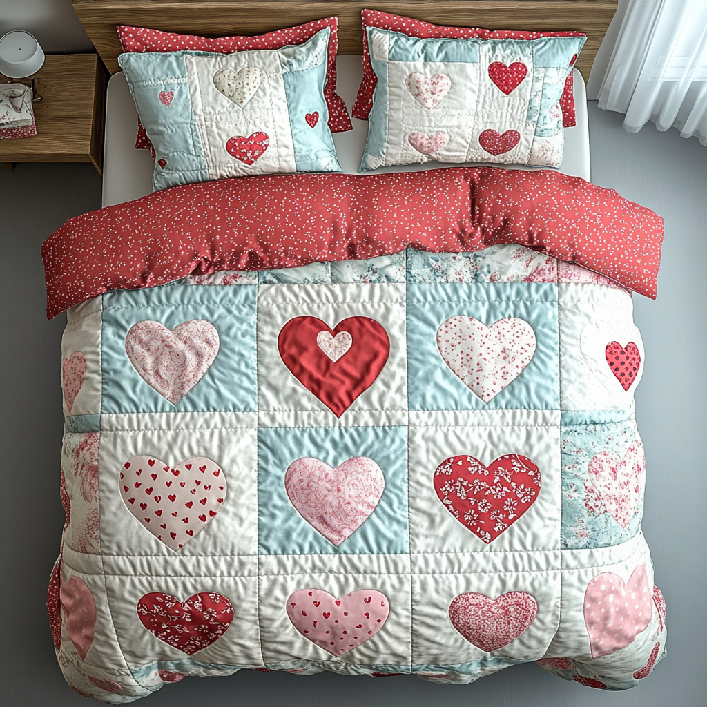 Patchwork Hearts 3-Piece Quilted Bedding Set NCU0DK3723
