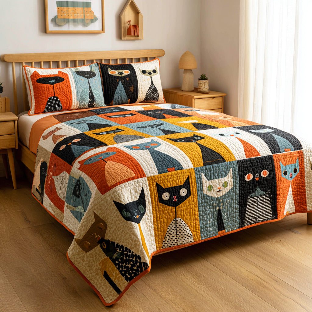 Patchwork Kitties 3-Piece Quilted Bedding Set NCU0VL3185