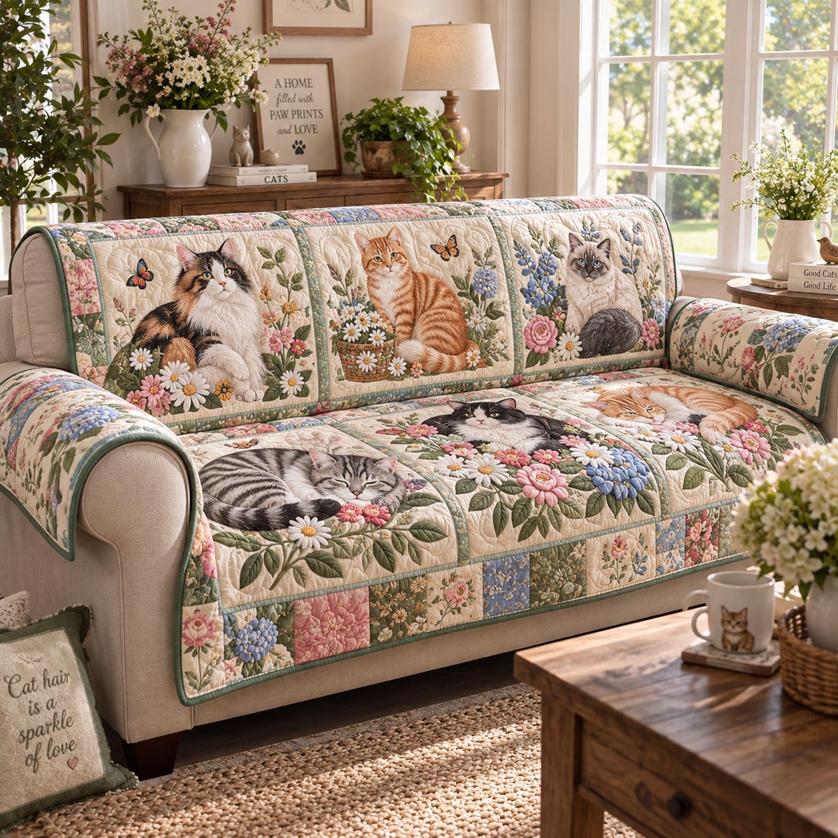Patchwork Kitty Meadow Quilted Sofa Cover NCU0DV10089