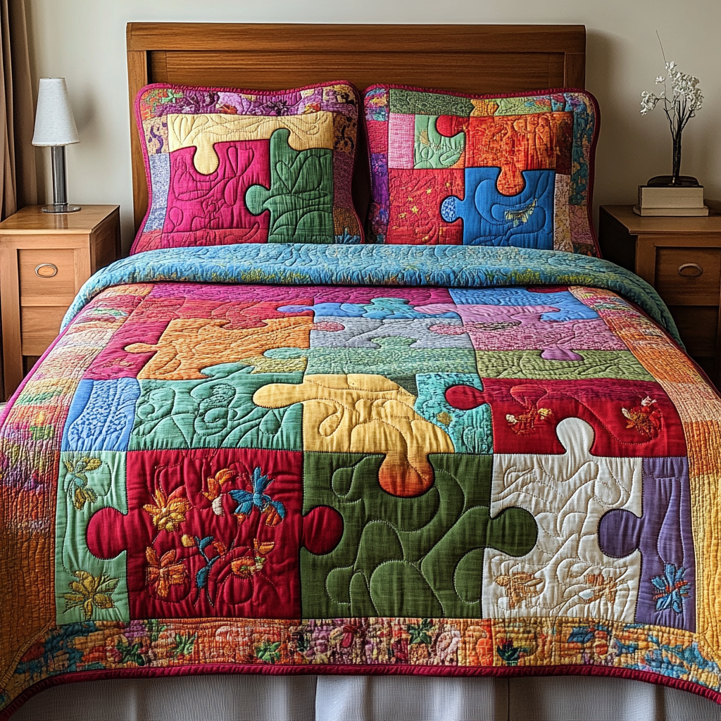 Patchwork Puzzle Quilt 3-Piece Quilted Bedding Set NCU0DK6052