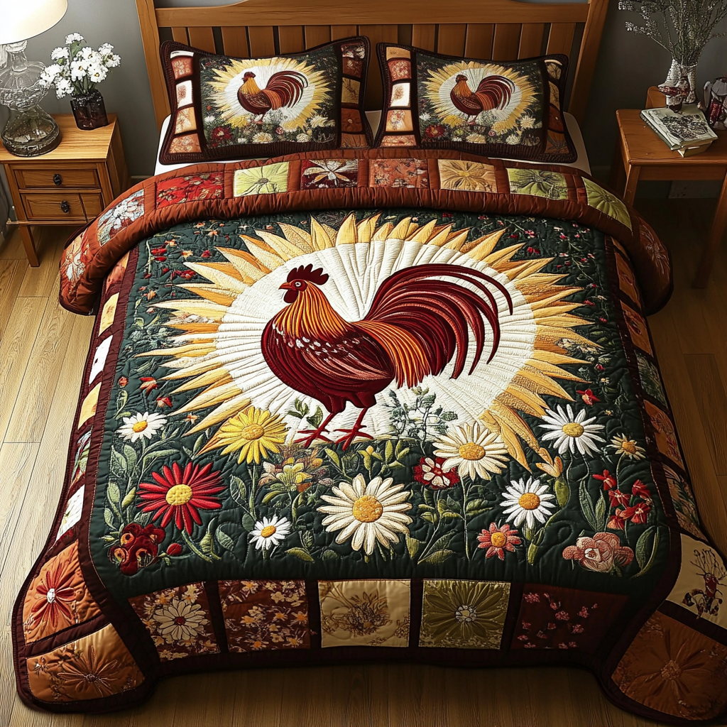 Patchwork Rooster 3-Piece Quilted Bedding Set NCU0VH5131