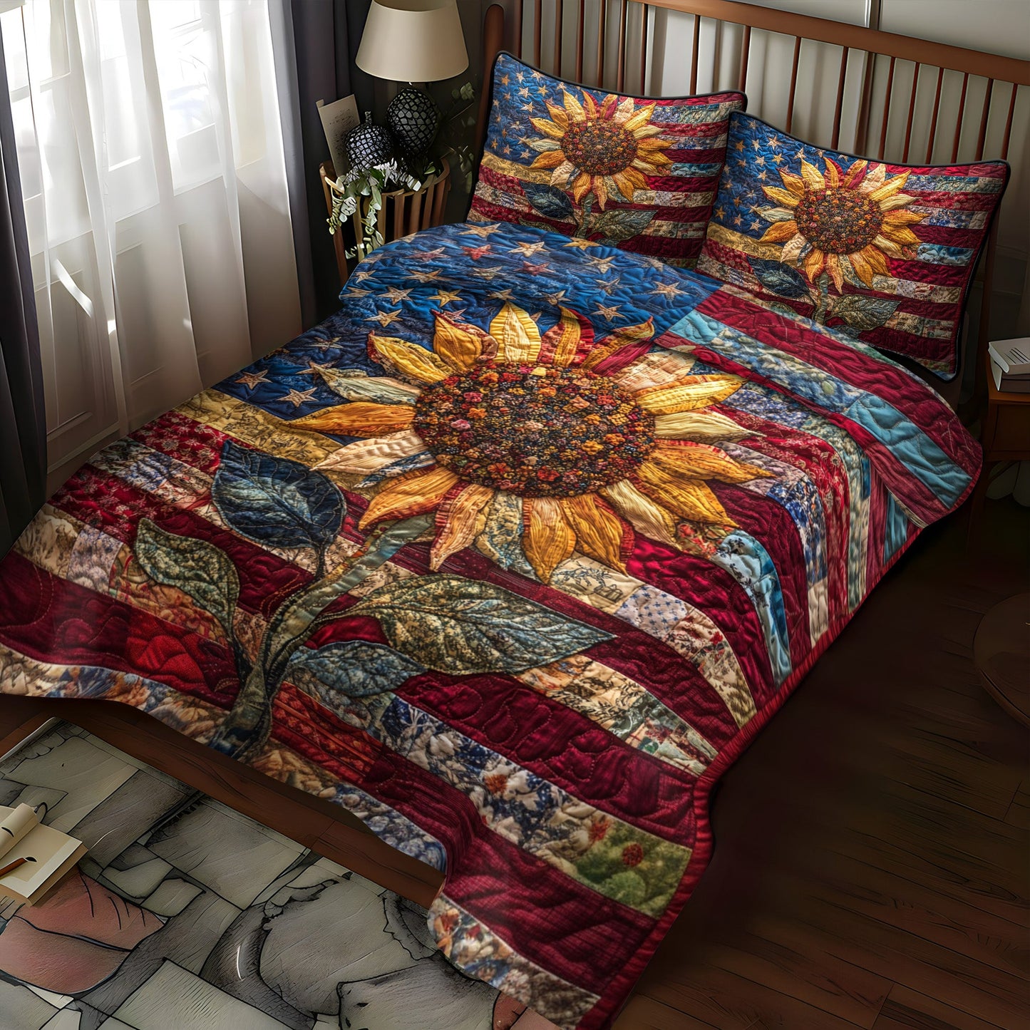 Patriotic Sunflower 3-Piece Quilted Bedding Set NCU0NT3485