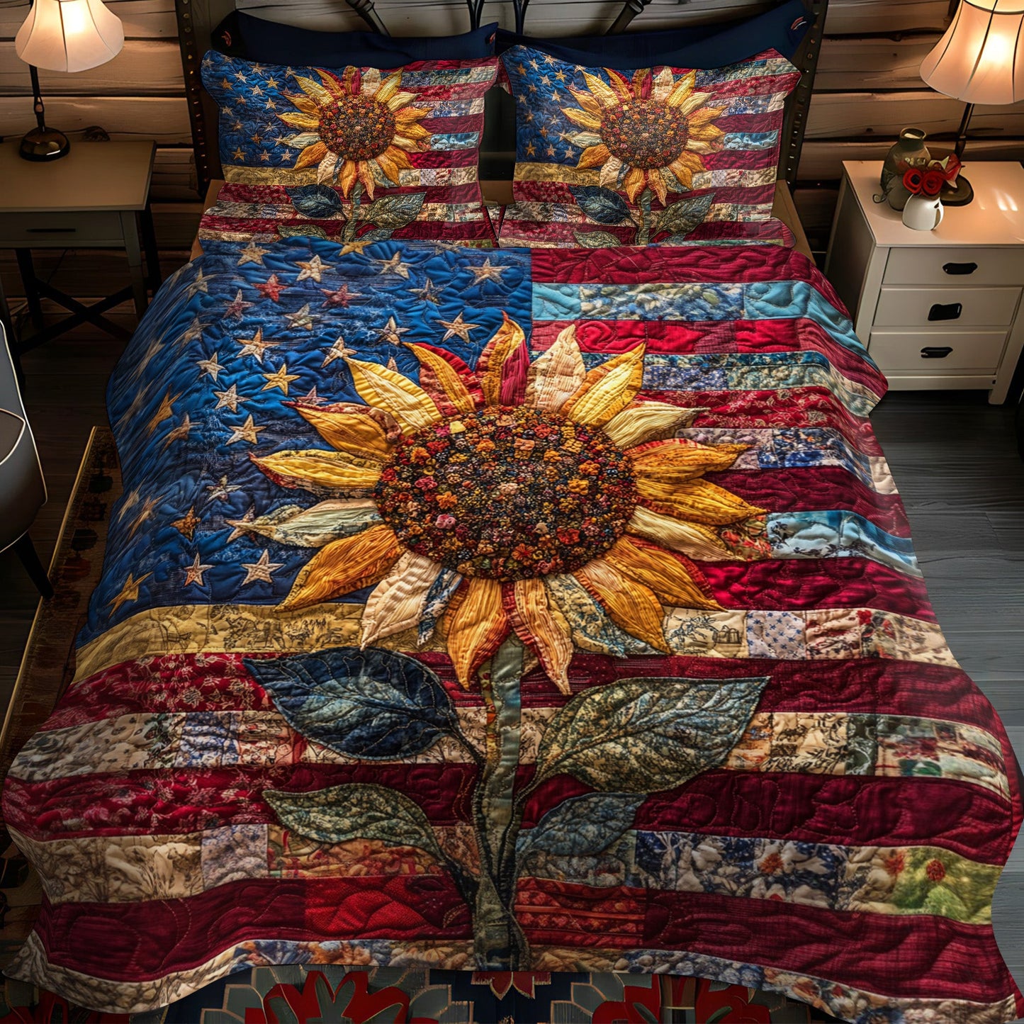 Patriotic Sunflower 3-Piece Quilted Bedding Set NCU0NT3485