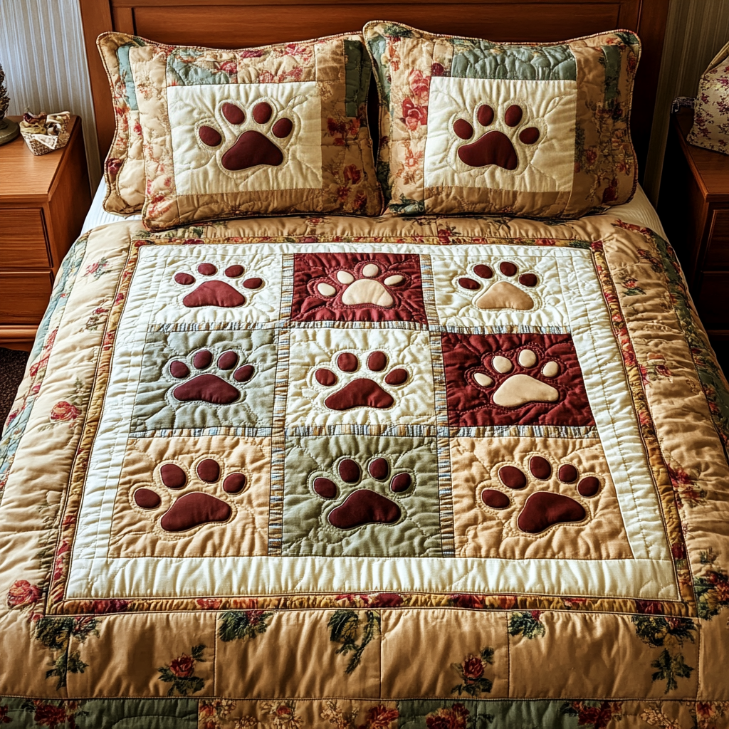 Paw Squares 3-Piece Quilted Bedding Set NCU0VH2157