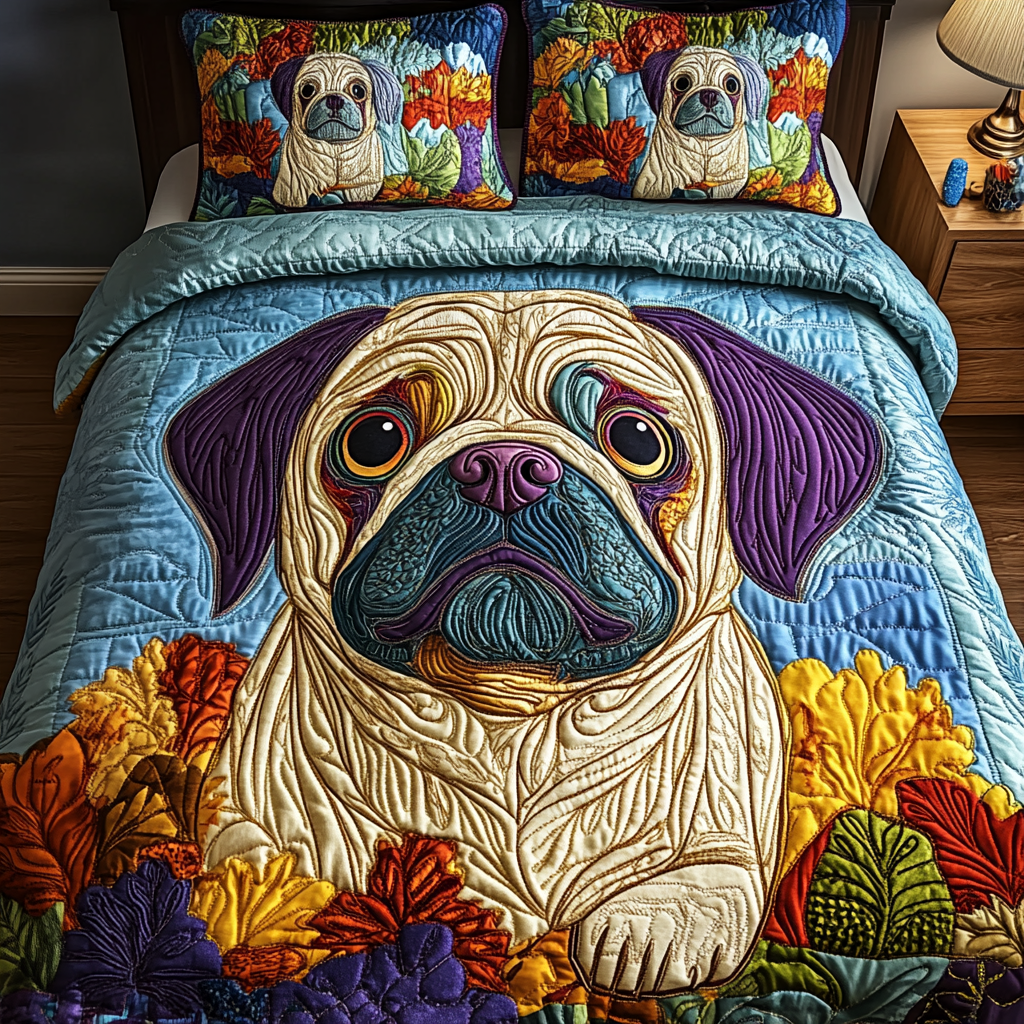 Pawsome Pug 3Piece Quilted Bedding Set NCU0DK2110 Vantique