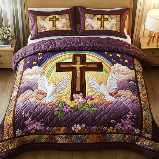 Peaceful Cross Dove 3-Piece Quilted Bedding Set NCU0NT3297