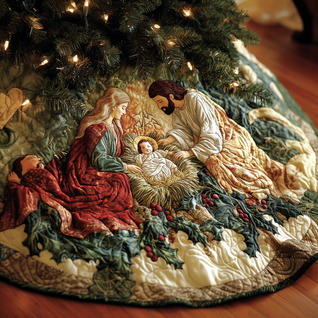 Peaceful Nativity Christmas Quilted Tree Skirt NCU0VH113