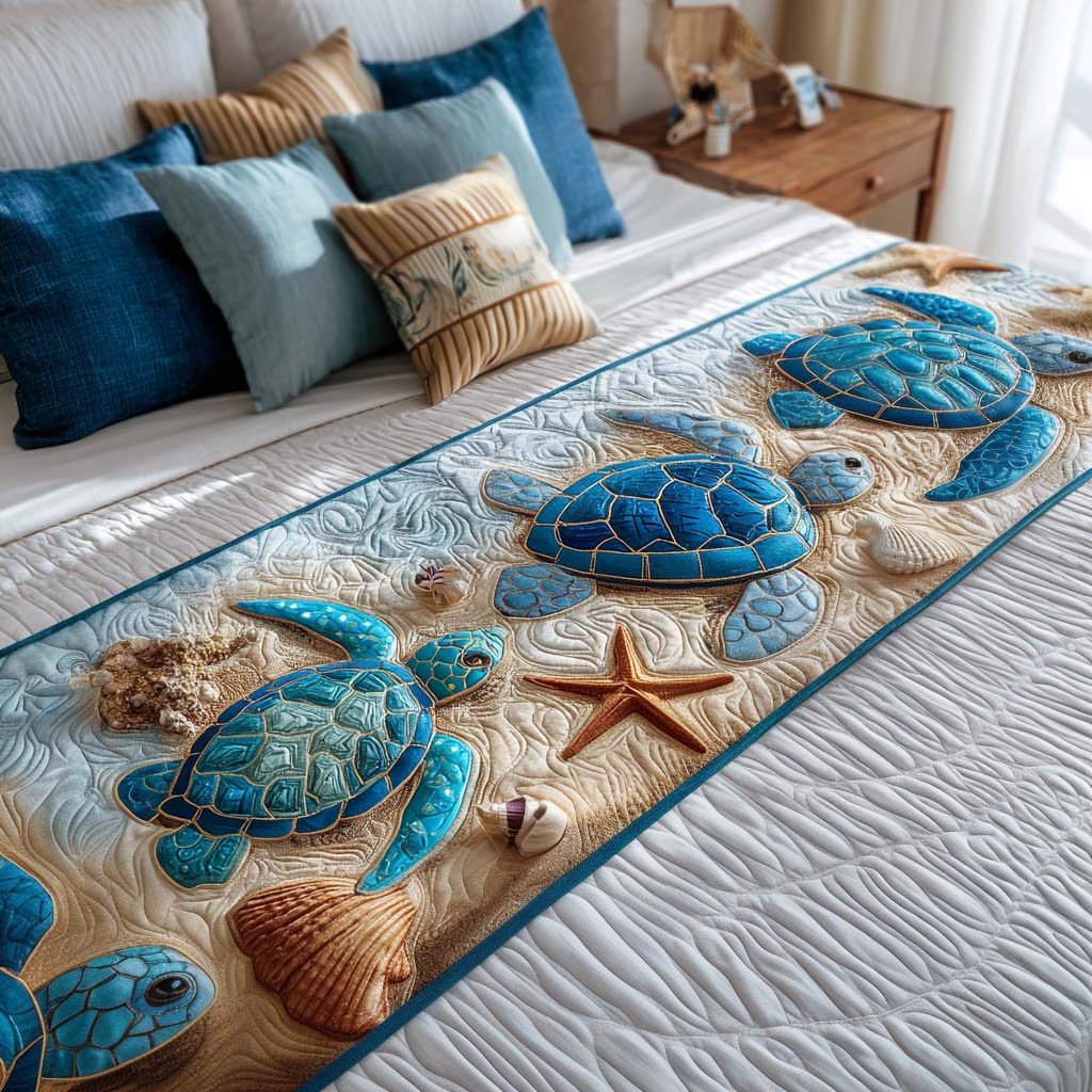 Turtle Rug Runner Peaceful Turtle Cove Quilted Bed Runner NCU0NT8510 – Vantique