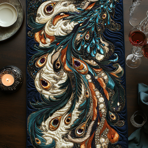 Peacock Feather Quilted Table Runner NCU0VH5516