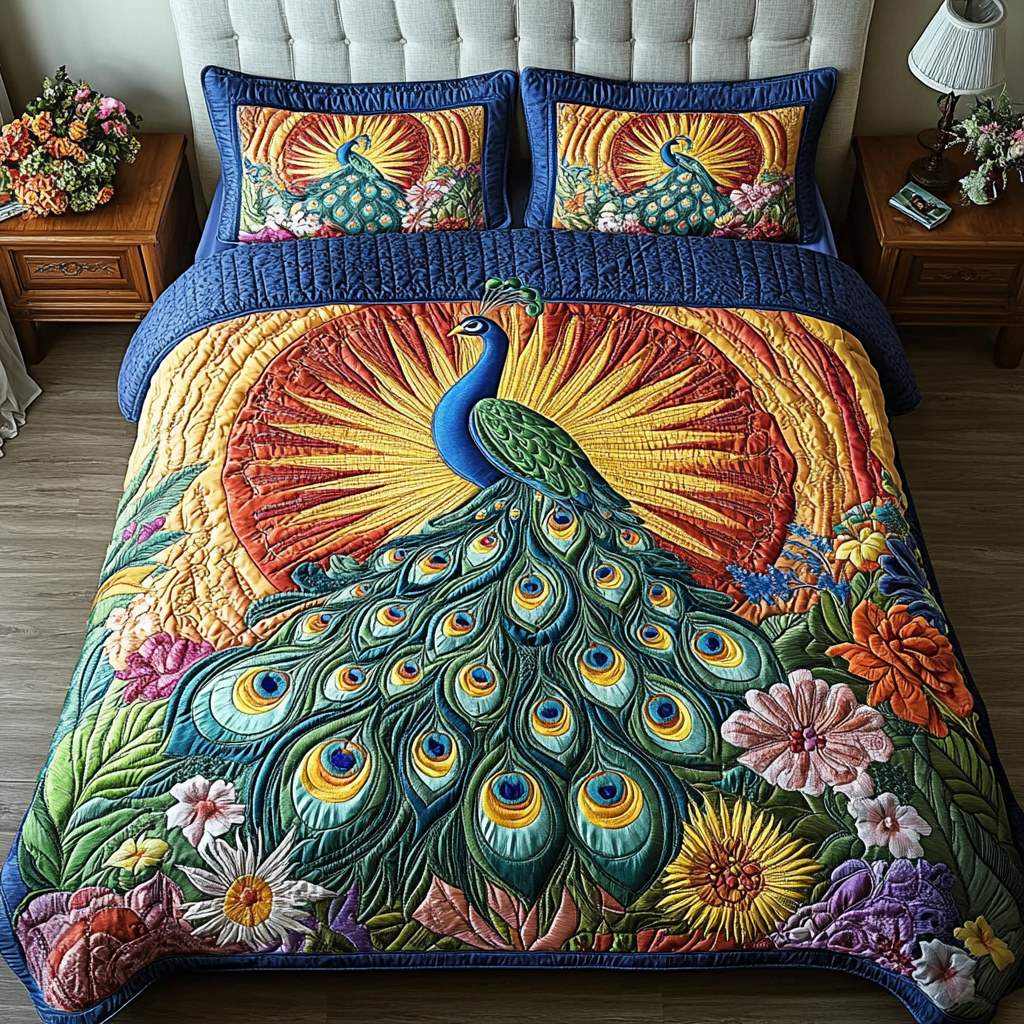 Peacock Paradise 3-Piece Quilted Bedding Set NCU0VH2750