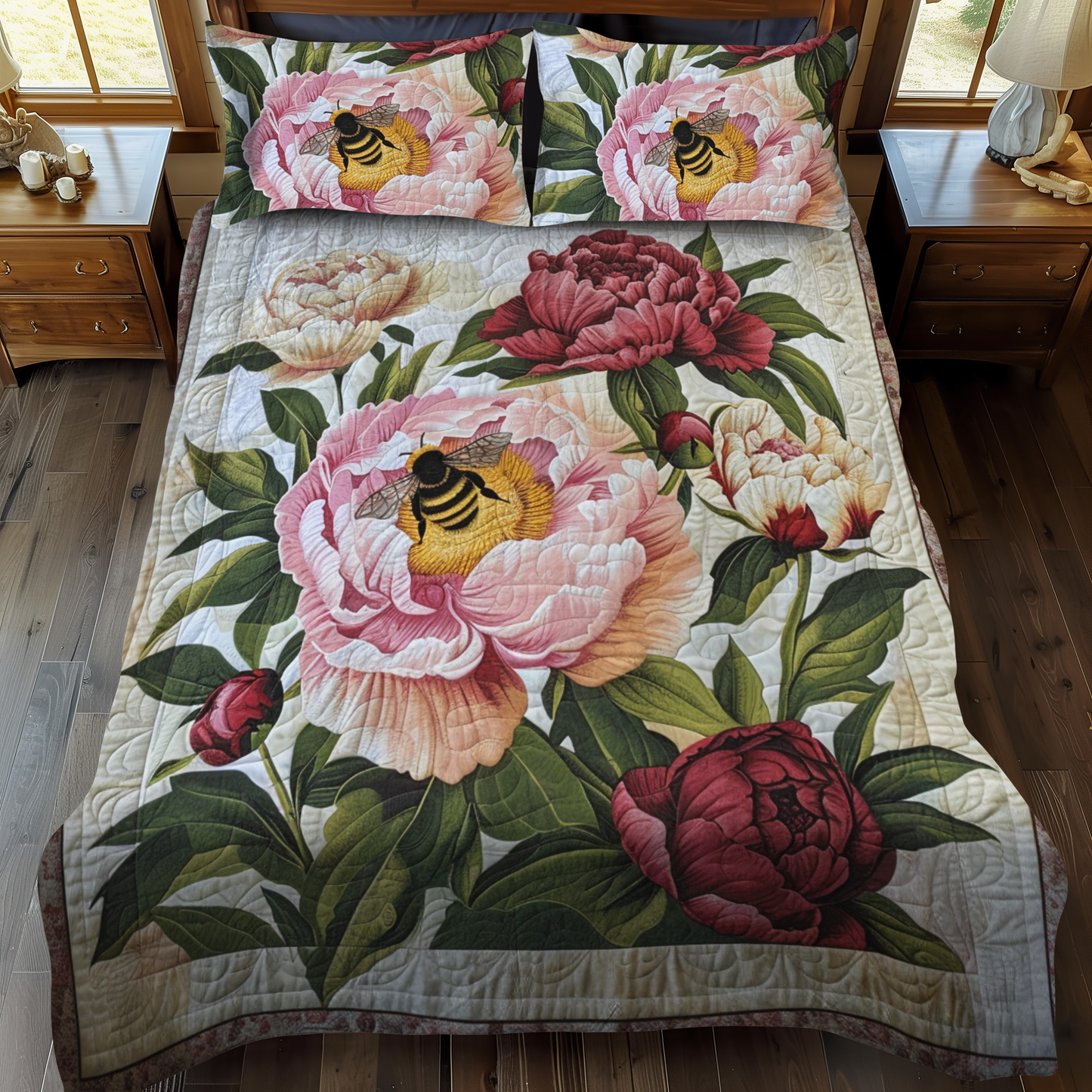 Peony Bee 3-Piece Quilted Bedding Set NCU0NT014