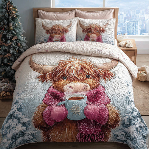 Pink Scarf Highland Cow Bliss 3-Piece Quilted Bedding Set NCU0TH3908