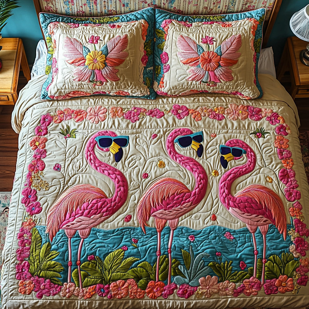 Pinky Flamingo 3-Piece Quilted Bedding Set NCU0DK9032