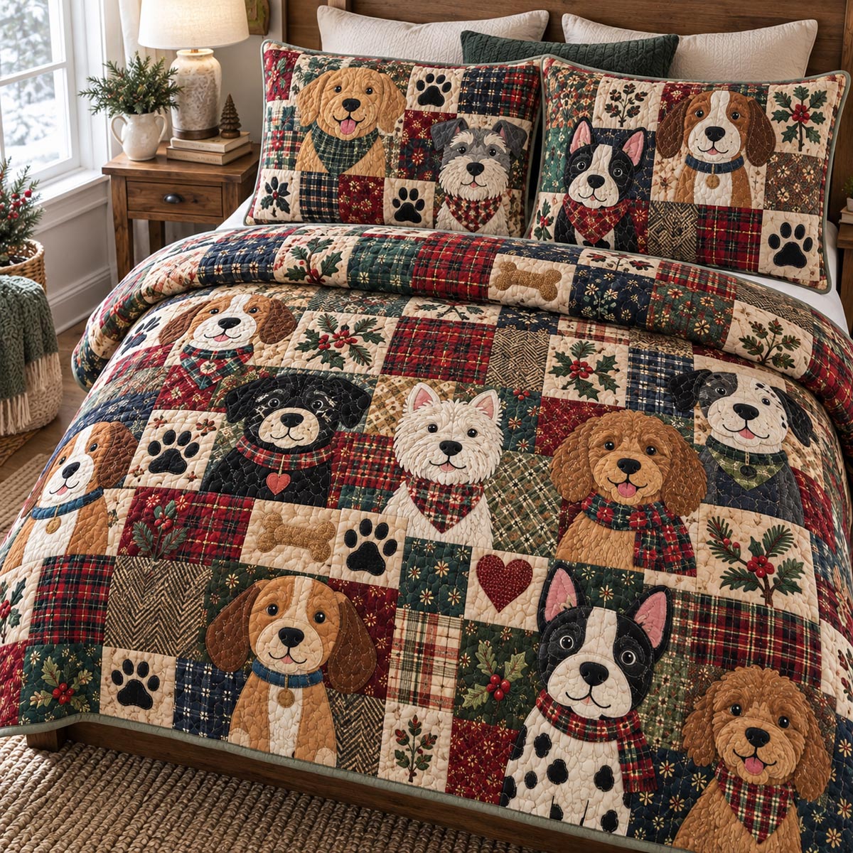 Plaid Puppy Friends 3-Piece Quilted Bedding Set NCU0DV10507
