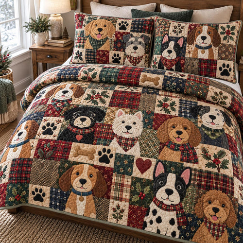 Plaid Puppy Friends 3-Piece Quilted Bedding Set NCU0DV10507