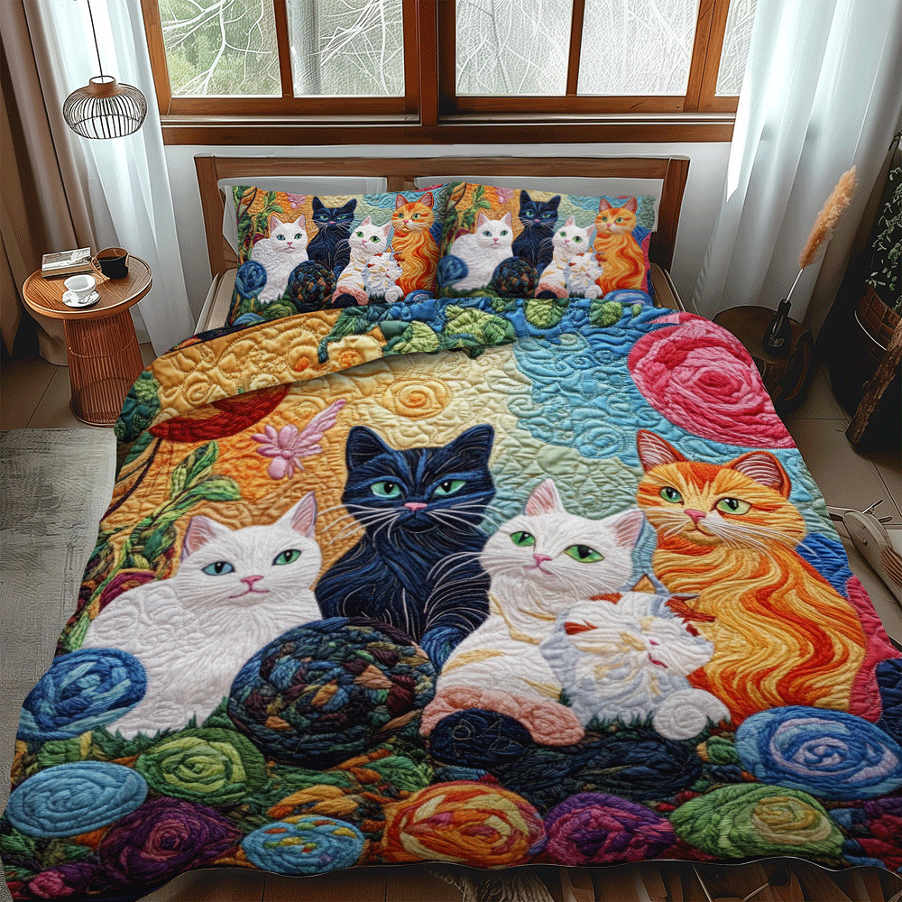 Playful Cats And Yarn 3-Piece Quilted Bedding Set NCU0PD625