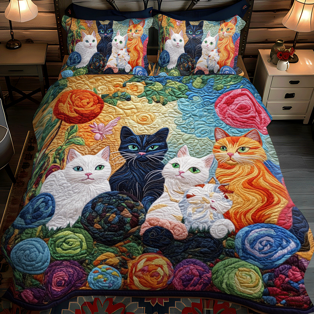Playful Cats And Yarn 3-Piece Quilted Bedding Set NCU0PD625