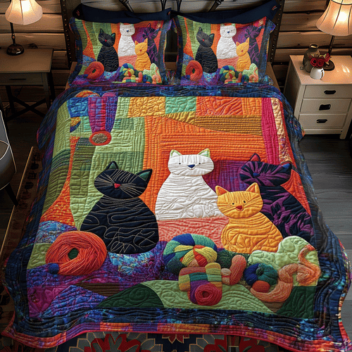 Playful Floral Cats 3-Piece Quilted Bedding Set NCU0PD630