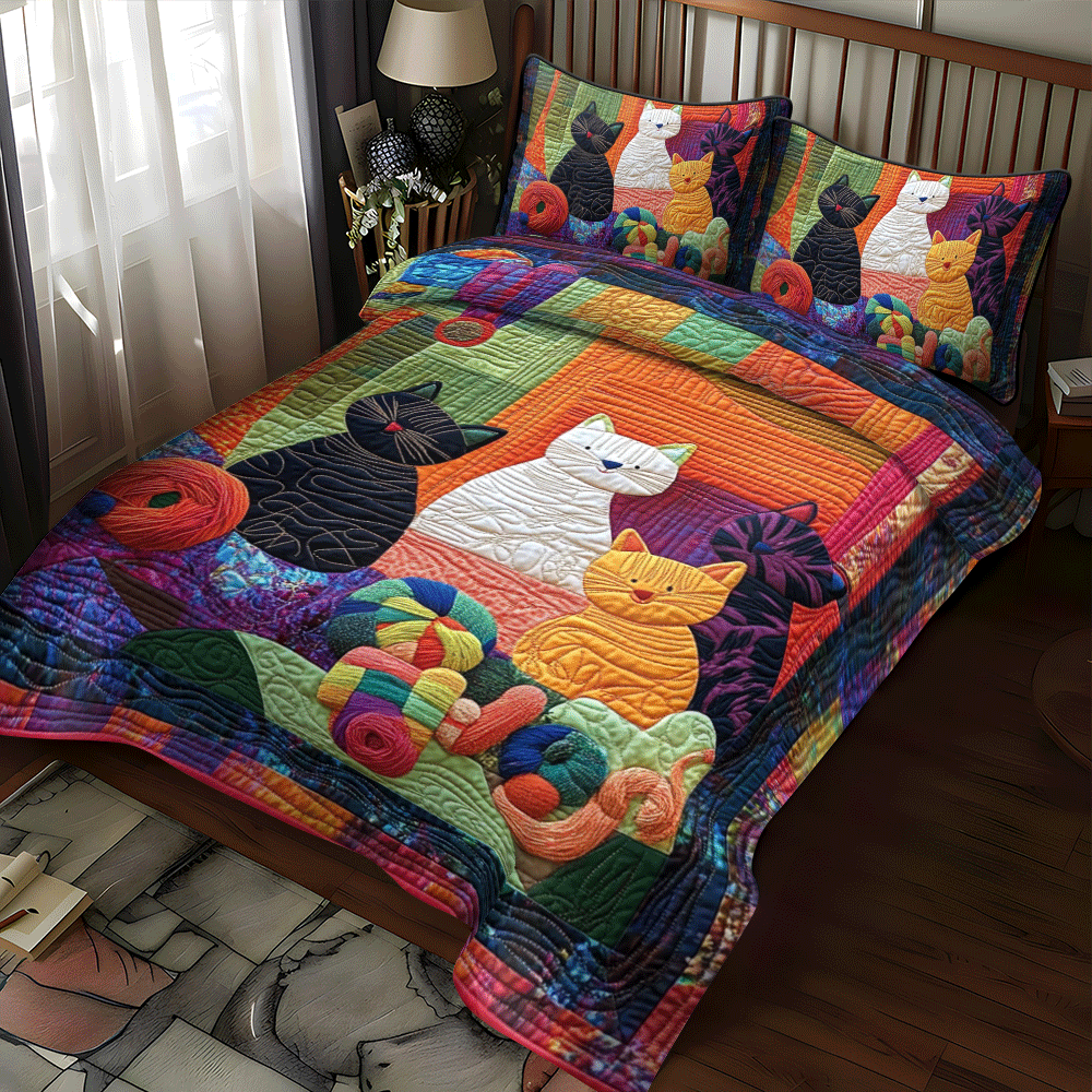 Playful Floral Cats 3-Piece Quilted Bedding Set NCU0PD630
