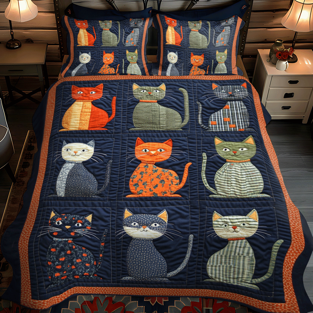 Playful Floral Cats 3-Piece Quilted Bedding Set NCU0PD638