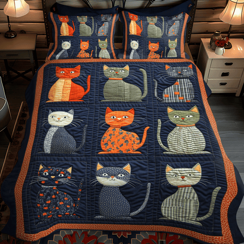 Playful Floral Cats 3-Piece Quilted Bedding Set NCU0PD638