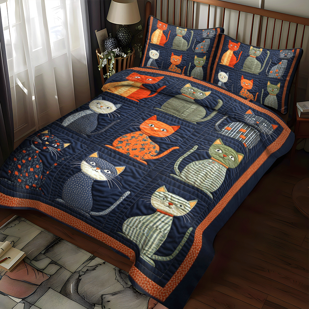 Playful Floral Cats 3-Piece Quilted Bedding Set NCU0PD638