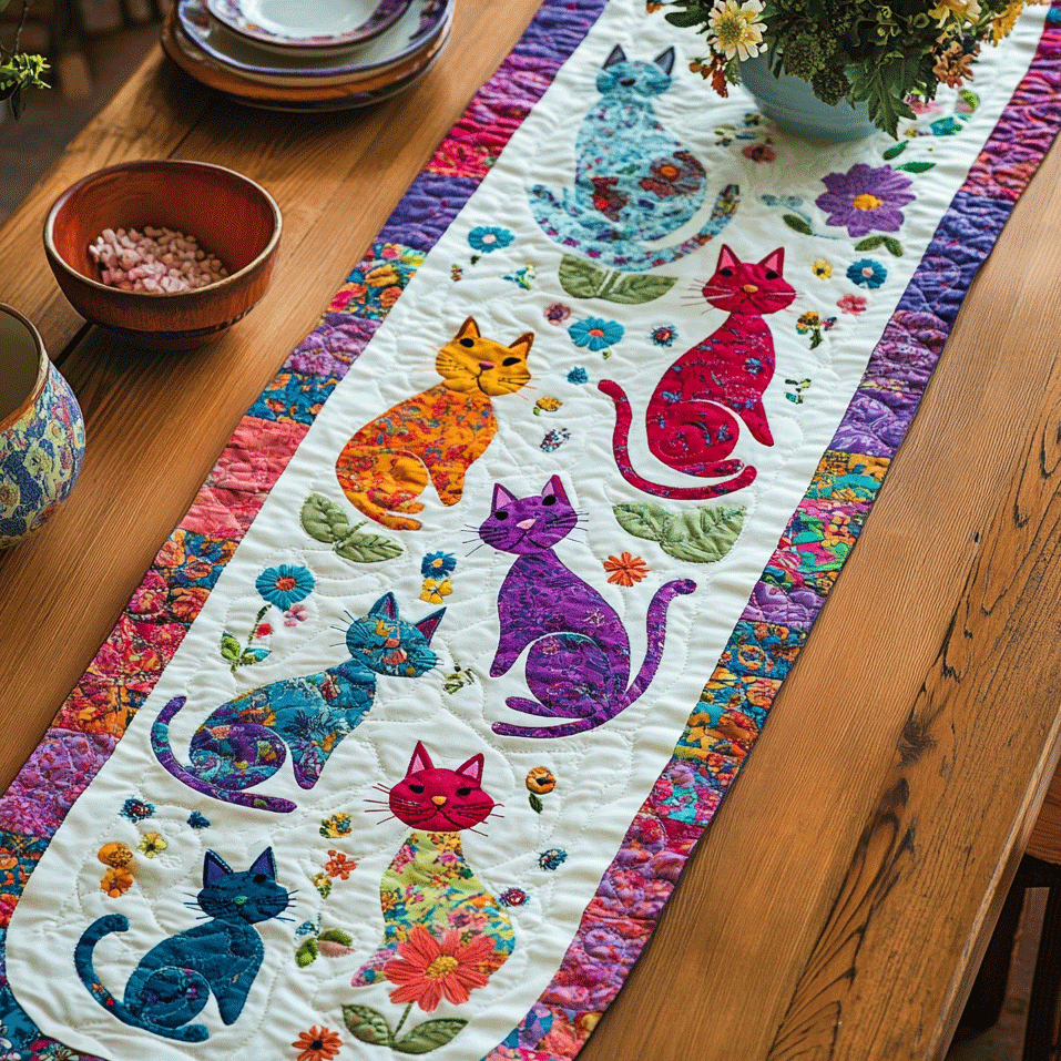 Playful Floral Cats Quilted Table Runner NCU0PD439 – Vantique
