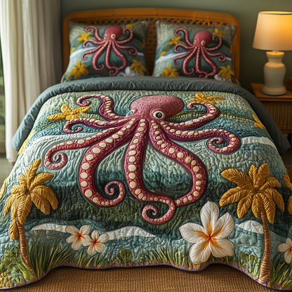 Plumeria Octopus Quilted Bedding Set NCU0DV5173