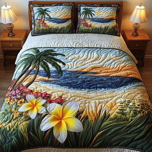 Plumeria Whisper 3-Piece Quilted Bedding Set NCU0DV5217