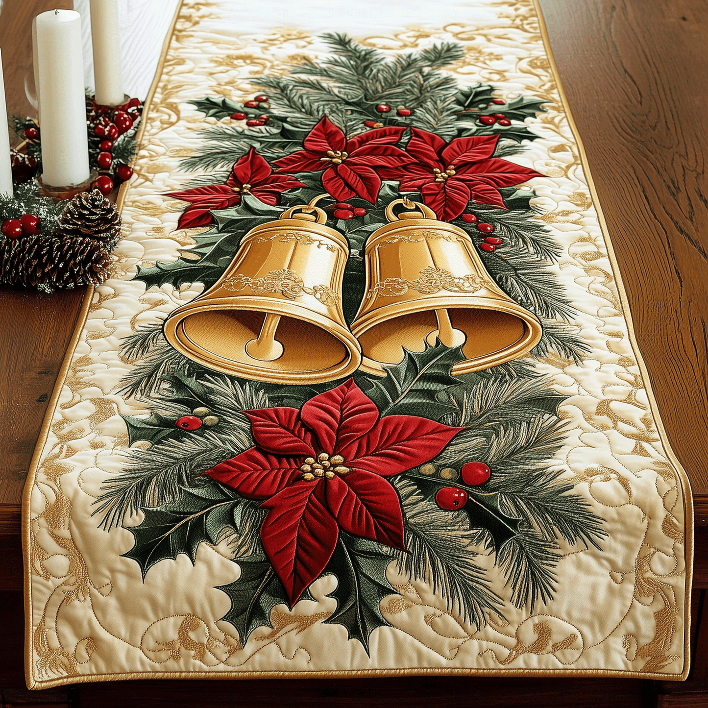 Poinsettia Bell Bliss Quilted Table Runner NCU0TH2337