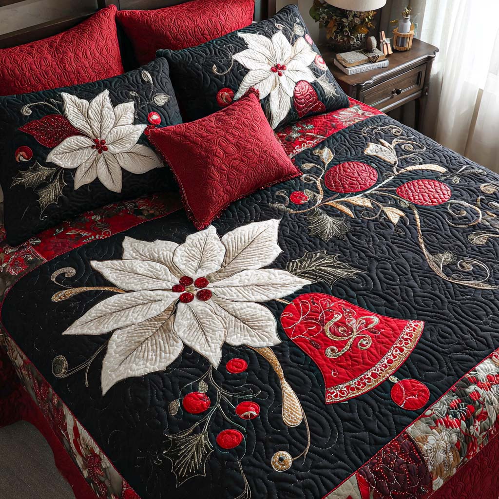 Poinsettia Bells 3-Piece Quilted Bedding Set NCU0NT9909