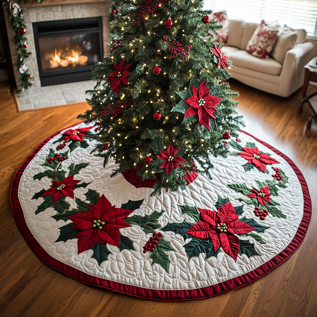 Poinsettia Bloom Christmas Quilted Tree Skirt NCU0DK10327