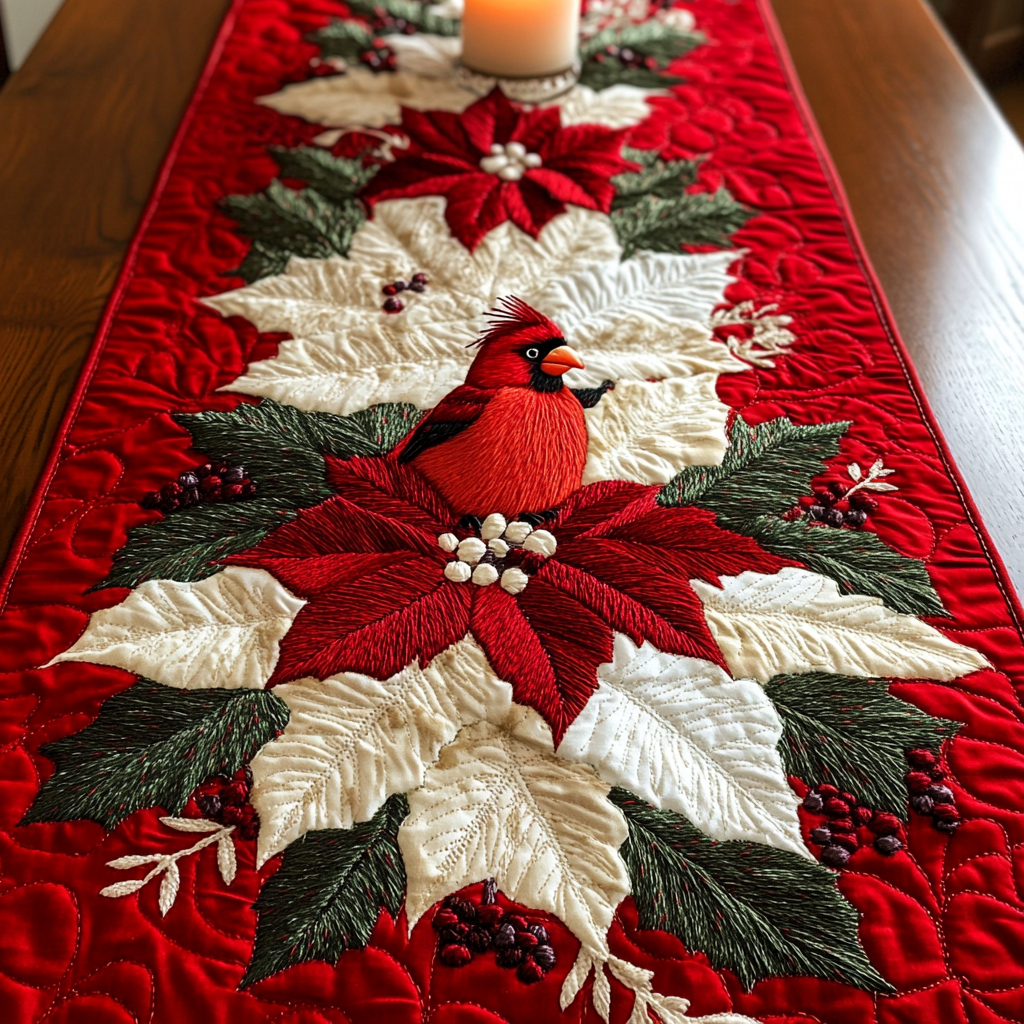 Poinsettia Cardinal Quilted Table Runner NCU0VH094