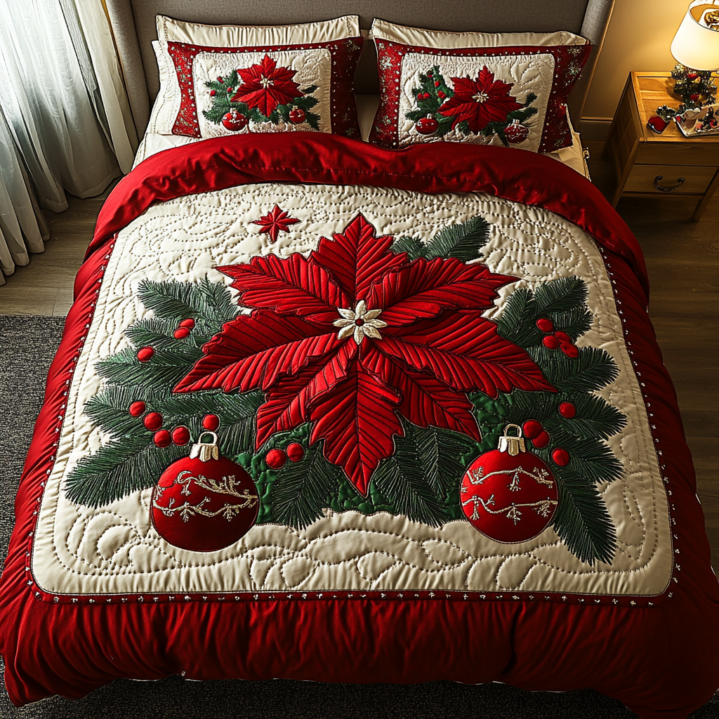 Poinsettia Glow 3-Piece Quilted Bedding Set NCU0DK10020