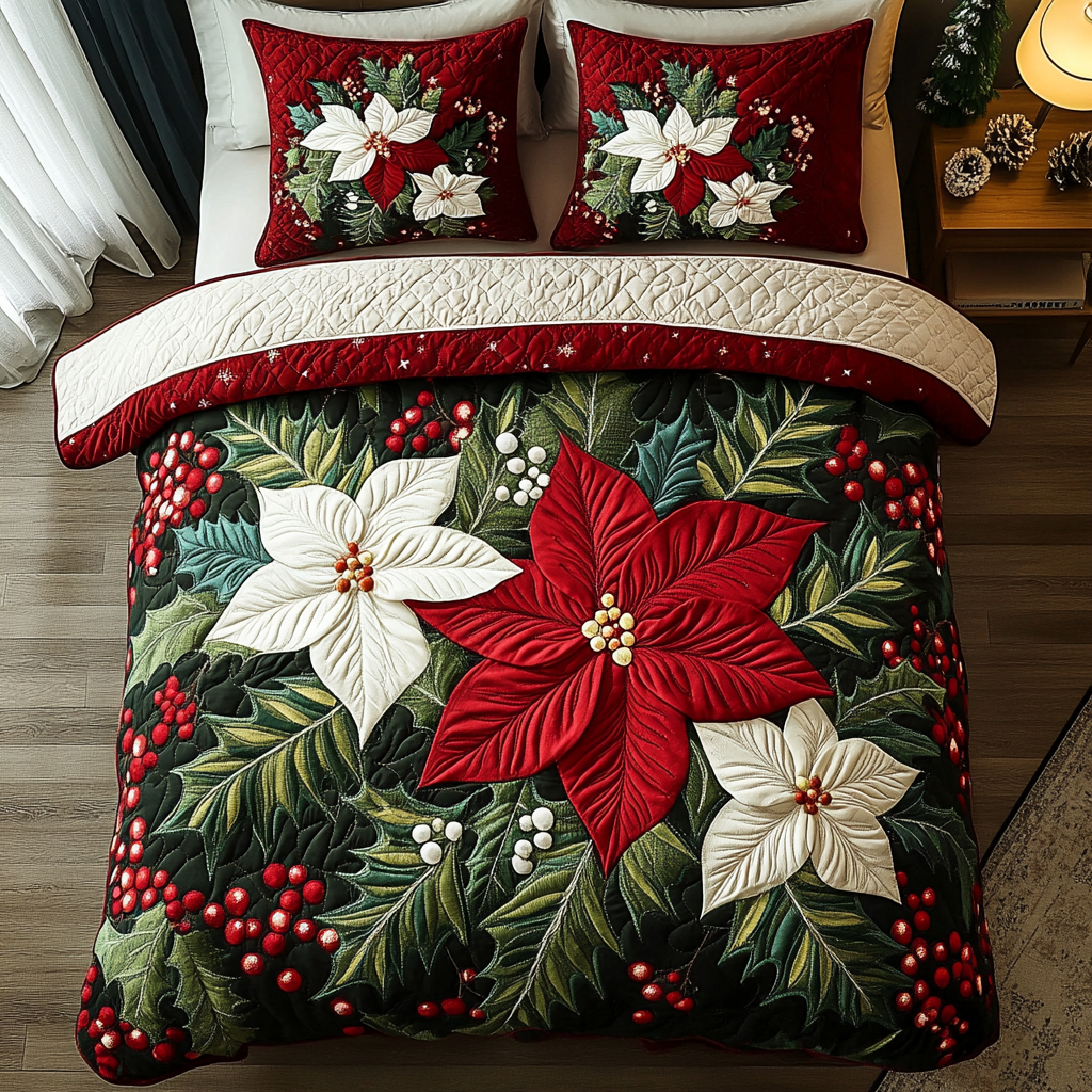 Poinsettia Joy 3-Piece Quilted Bedding Set NCU0DK10015