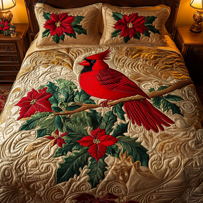 Poinsettia Perch 3-Piece Quilted Bedding Set NCU0VH763