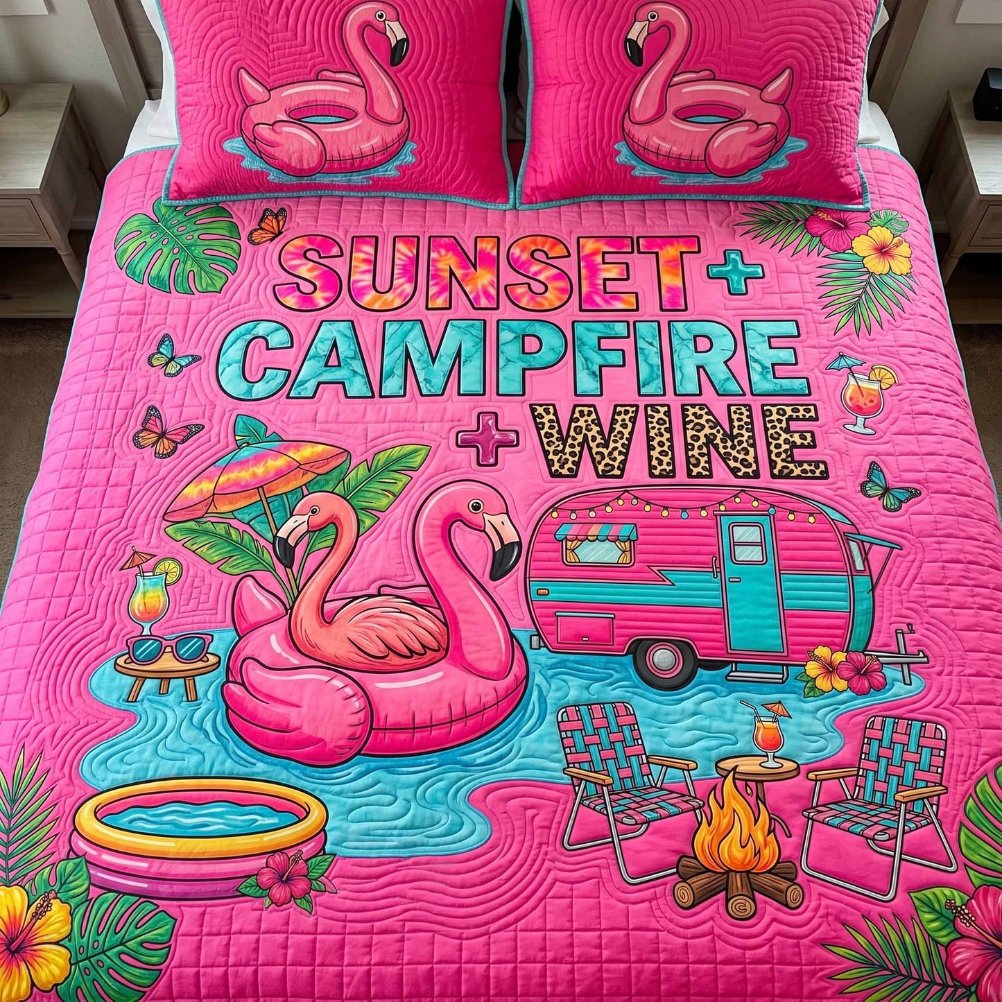 Pool Flamingo 3-Piece Quilted Bedding Set NCU0XD2807