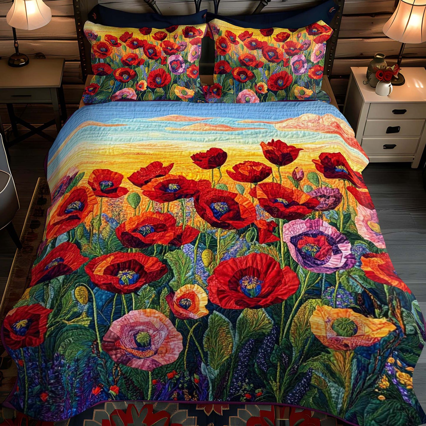 Poppy Field 3-Piece Quilted Bedding Set NCU0NT1072
