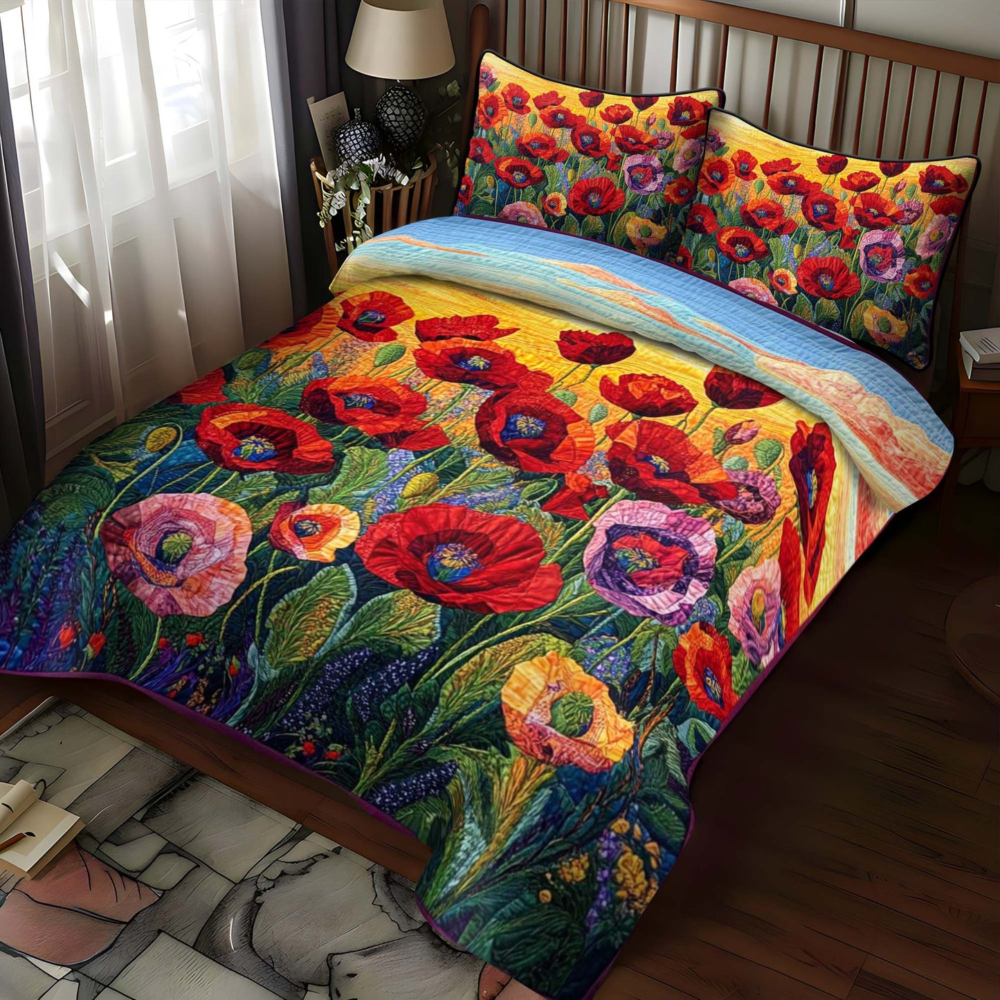 Poppy Field 3-Piece Quilted Bedding Set NCU0NT1072