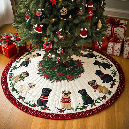 Pug Holiday Joy Christmas Quilted Tree Skirt NCU0DK1736