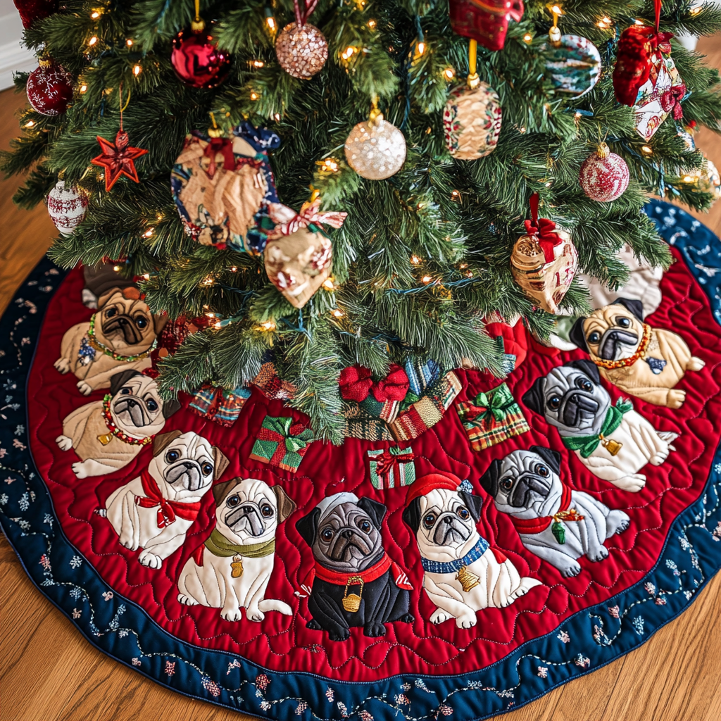 Pug Holiday Joy Christmas Quilted Tree Skirt NCU0DK1943
