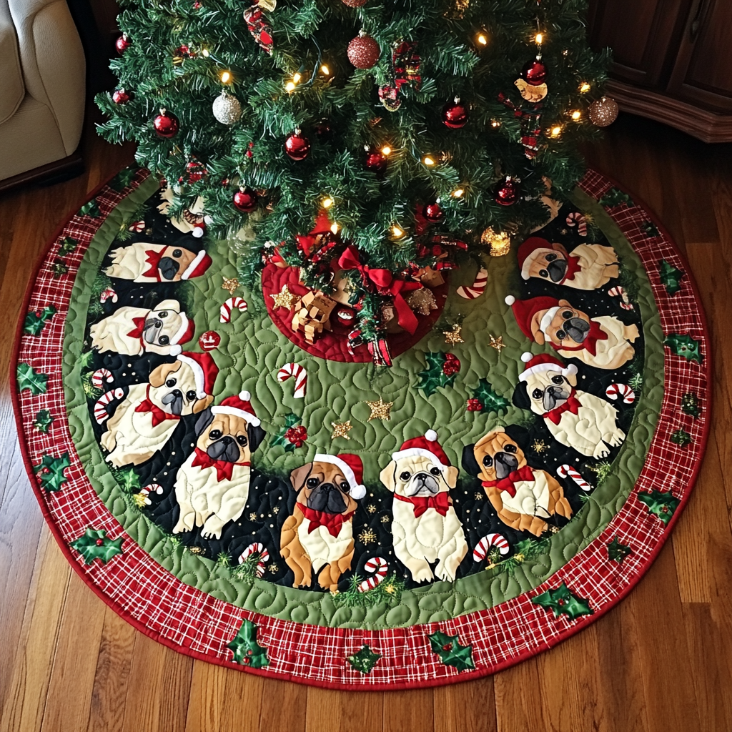 Pug Holiday Spirit Christmas Quilted Tree Skirt NCU0DK1742