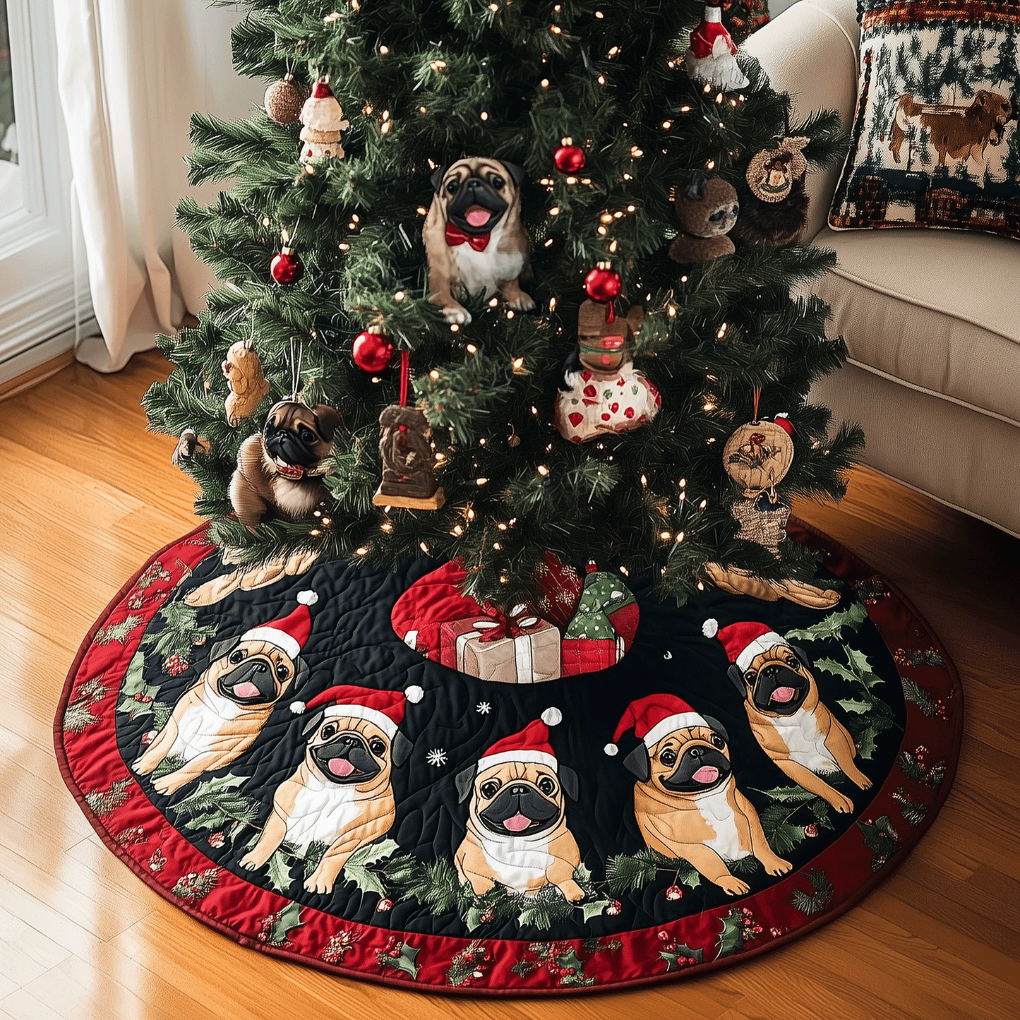 Pug Paws Christmas Quilted Christmas Tree Skirt NCU0TH2073