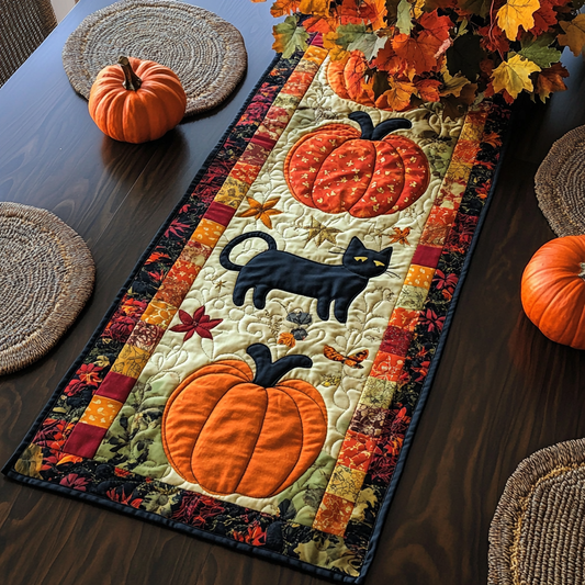 Pumpkin Black Cat Quilted Table Runner NCU0DK9699
