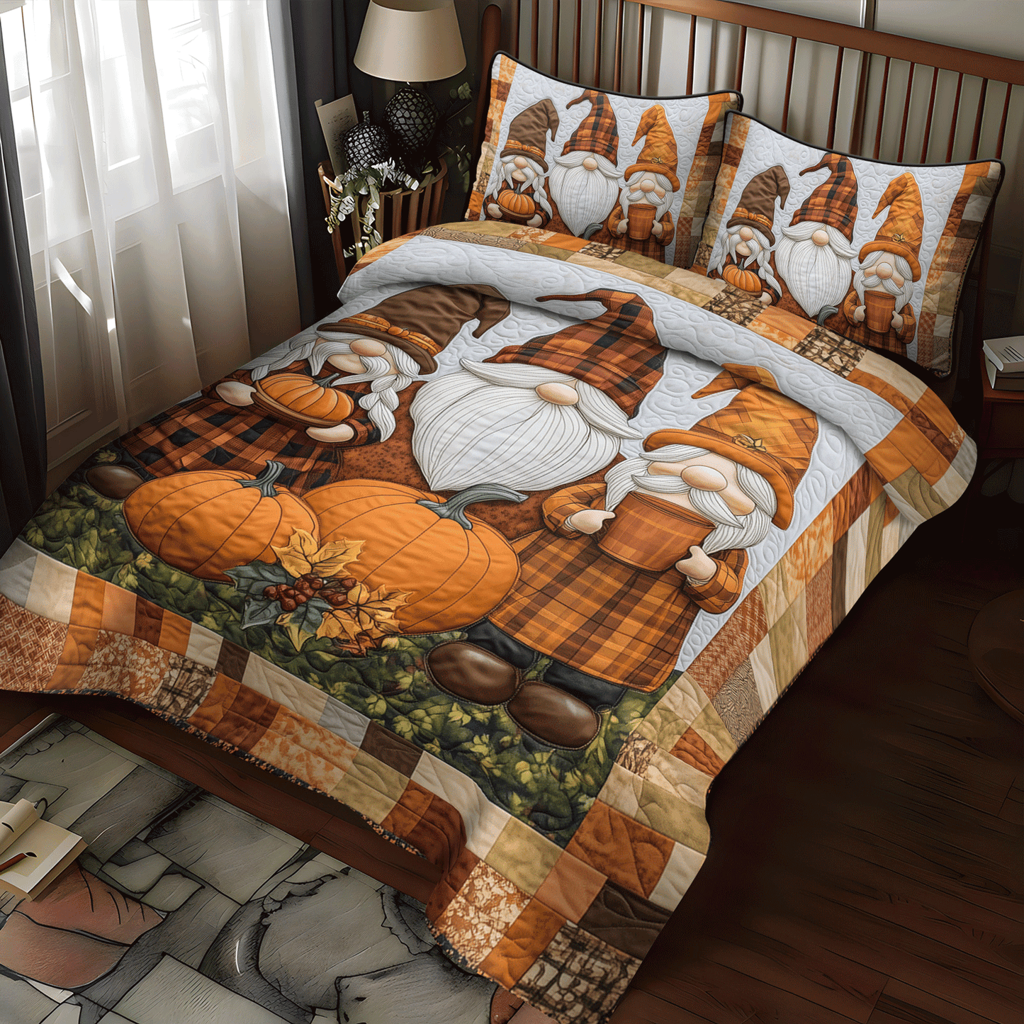 Pumpkin Gnomes 3-Piece Quilted Bedding Set NCU0TH1885
