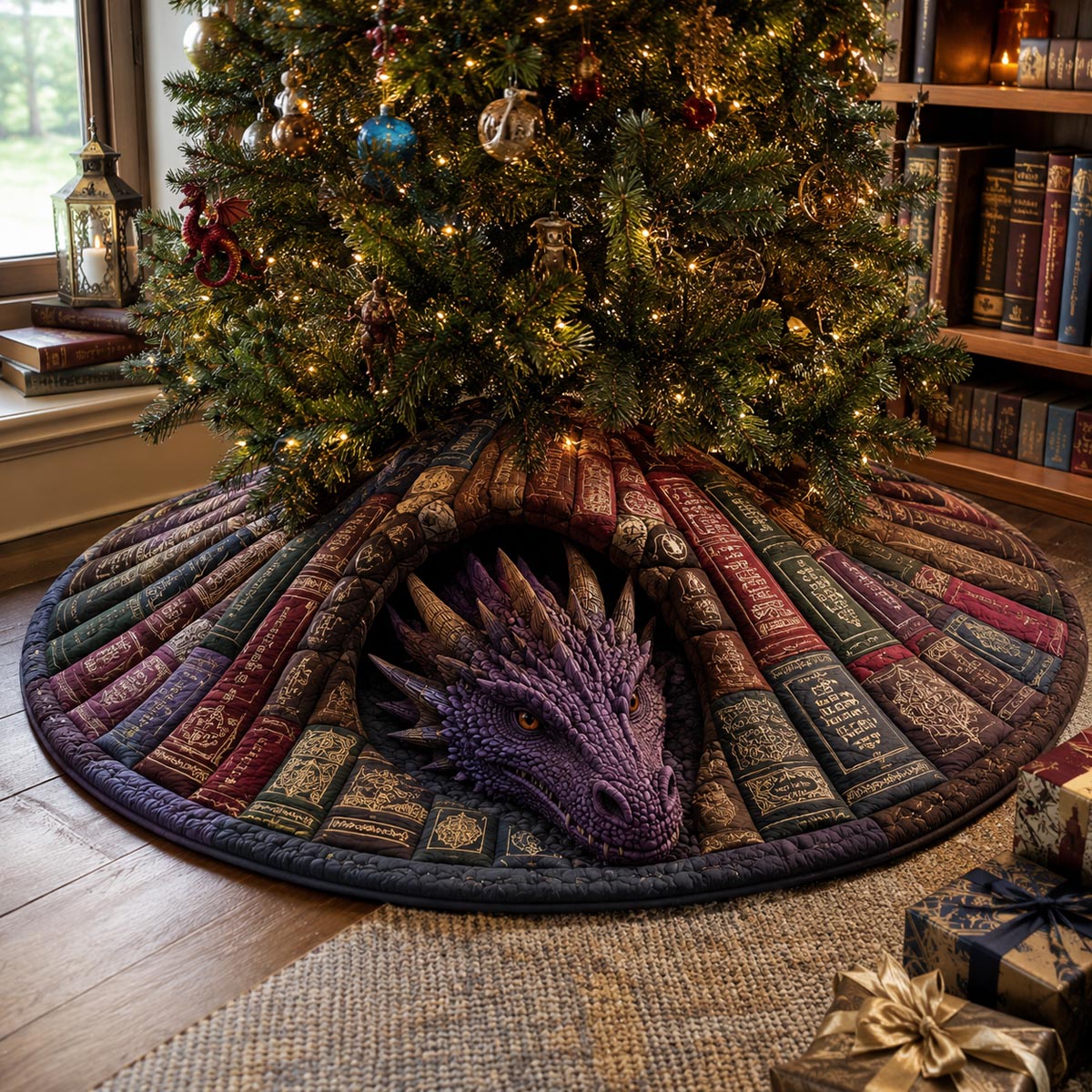 Purple Library Dragon Christmas Quilted Tree Skirt NCU0DV10022