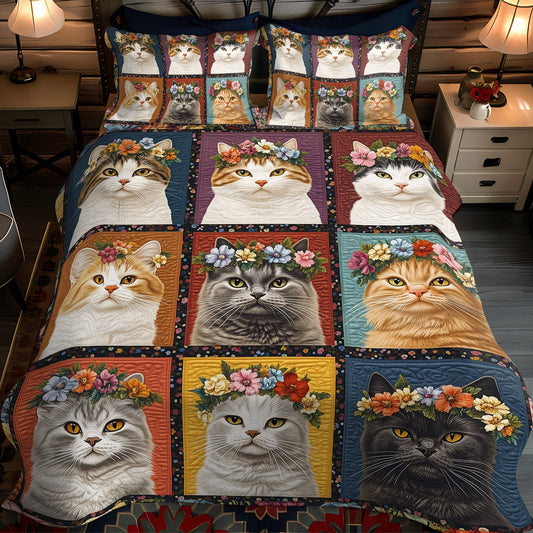 Purrfectly Floral Cats 3-Piece Quilted Bedding Set NCU0TL1197