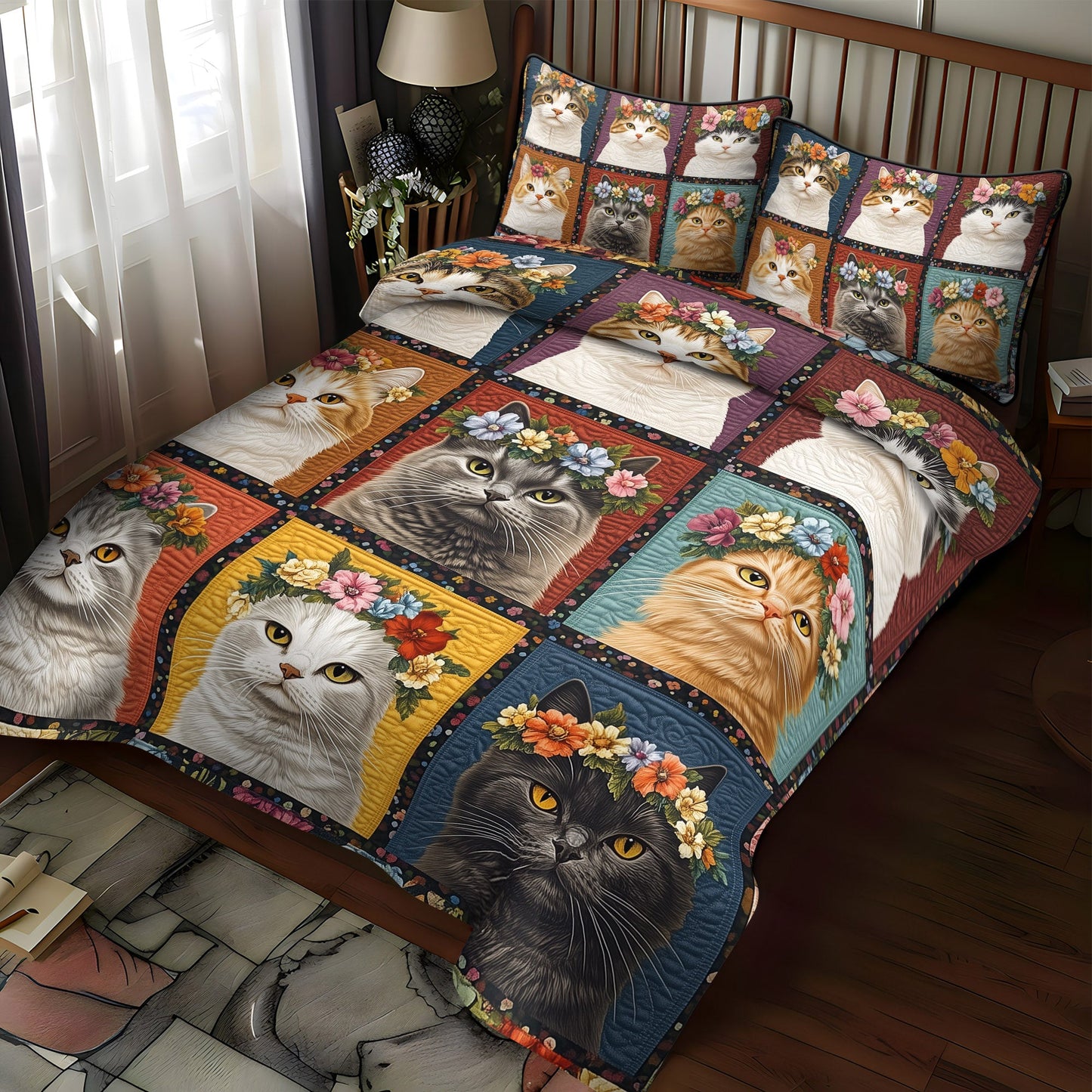 Purrfectly Floral Cats 3-Piece Quilted Bedding Set NCU0TL1197