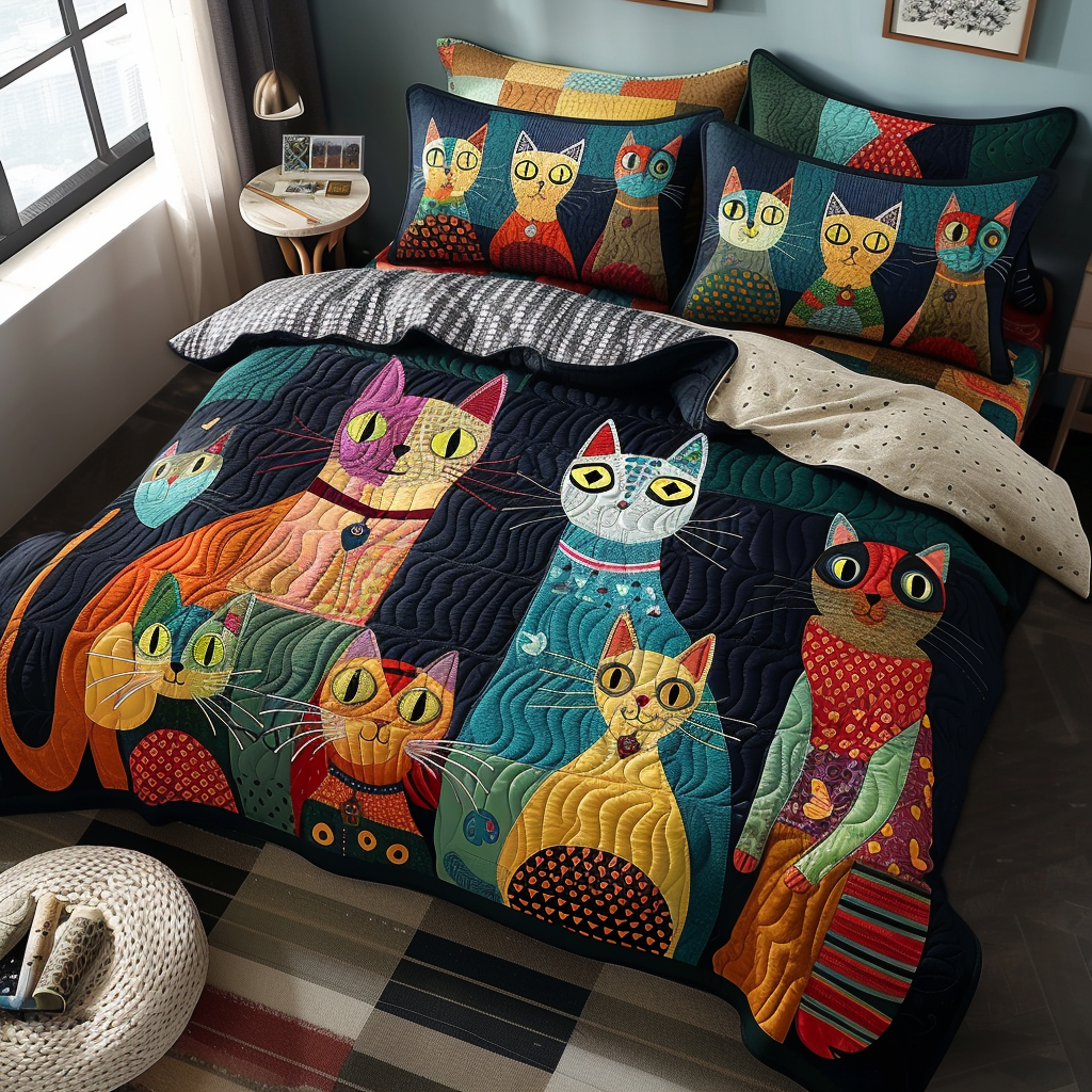 Purrfectly Quirky 3-Piece Quilted Bedding Set NCU0DV4213